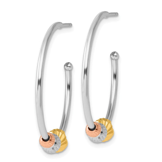 Rhodium-plated Silver Rose Gold-tone Diamond-cut Beaded Post Hoop Earrings