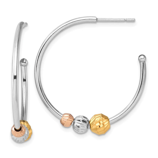 Rhodium-plated Silver Rose Gold-tone Diamond-cut Beaded Post Hoop Earrings