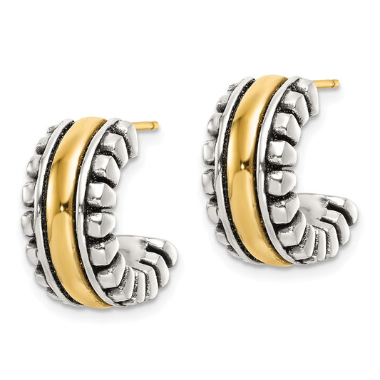 Yellow Gold-plated Sterling Silver Polished and Antiqued Post Hoop Earrings
