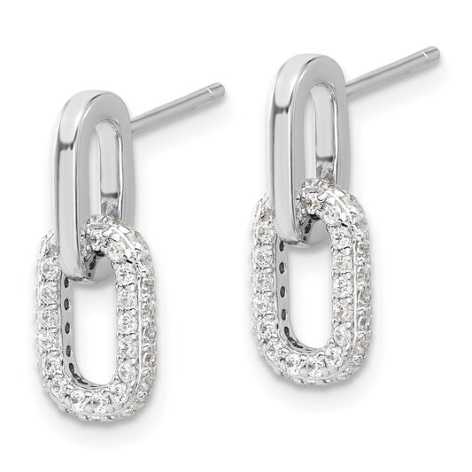 Rhodium-plated Sterling Silver Micro Pave CZ Link Design Post Dangle Earrings