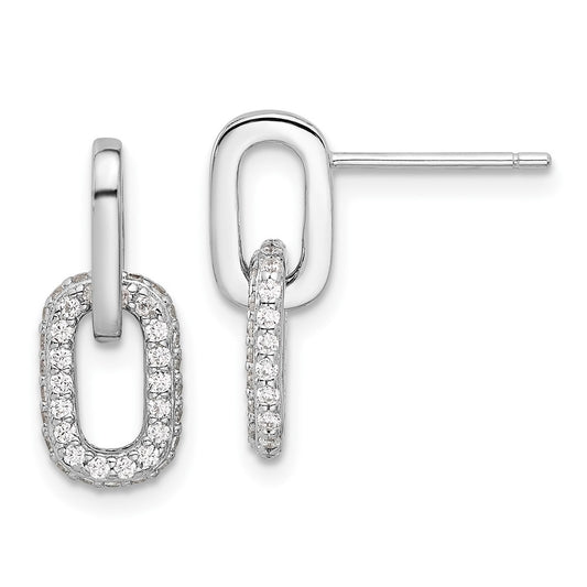 Rhodium-plated Sterling Silver Micro Pave CZ Link Design Post Dangle Earrings