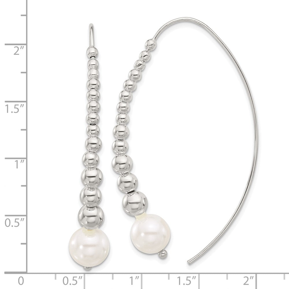 Sterling Silver Polished Beaded Simulated Pearl Threader Earrings