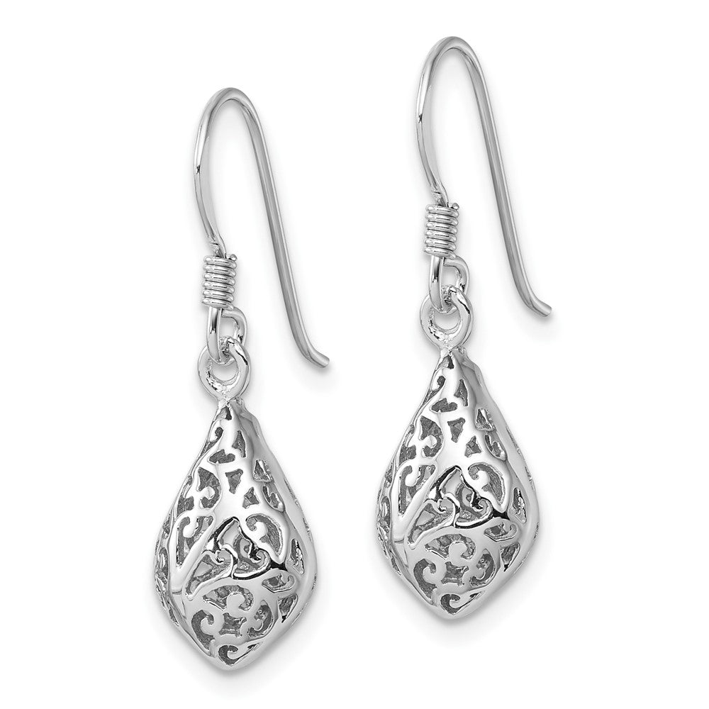 Rhodium-plated Sterling Silver Polished Puffed Teardrop Filigree Earrings