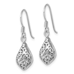 Rhodium-plated Sterling Silver Polished Puffed Teardrop Filigree Earrings