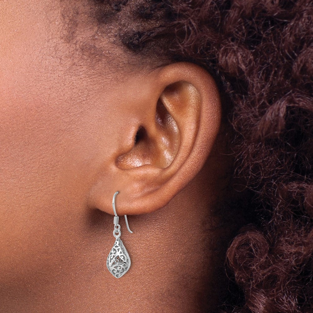 Rhodium-plated Sterling Silver Polished Puffed Teardrop Filigree Earrings