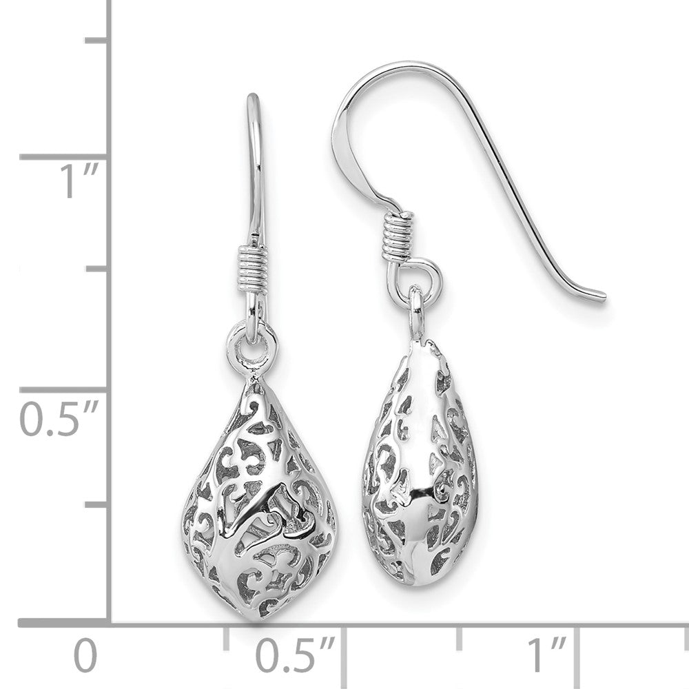 Rhodium-plated Sterling Silver Polished Puffed Teardrop Filigree Earrings