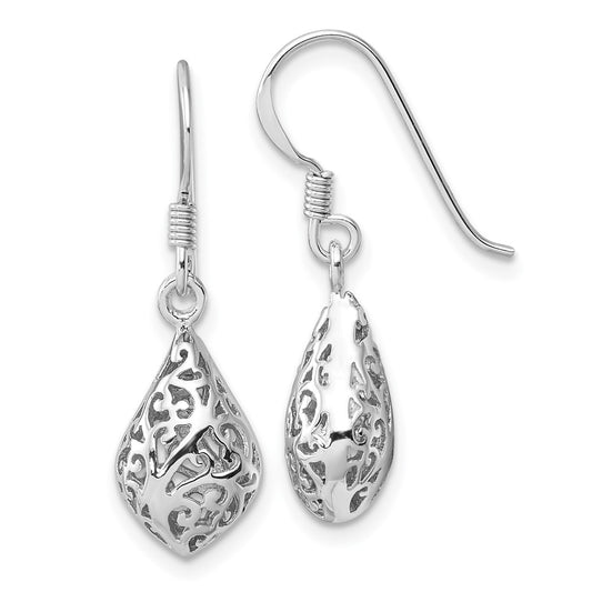 Rhodium-plated Sterling Silver Polished Puffed Teardrop Filigree Earrings