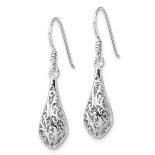 Rhodium-plated Sterling Silver Polished Puffed Filigree Design Earrings