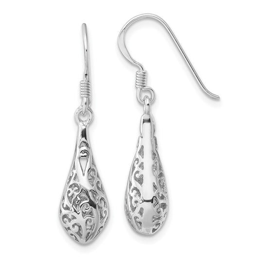 Rhodium-plated Sterling Silver Polished Puffed Filigree Design Earrings