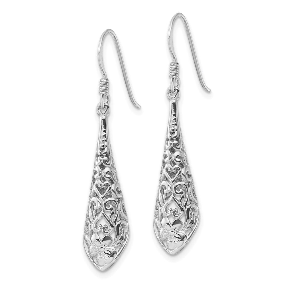 Rhodium-plated Sterling Silver Polished Puffed Filigree Flower Earrings