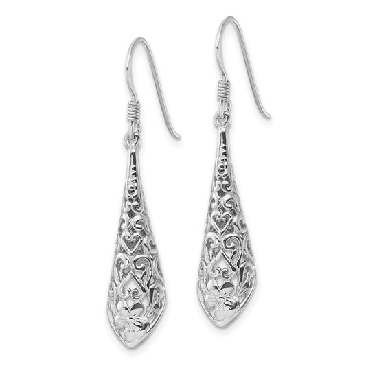 Rhodium-plated Sterling Silver Polished Puffed Filigree Flower Earrings