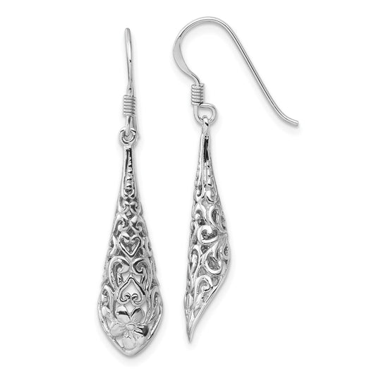 Rhodium-plated Sterling Silver Polished Puffed Filigree Flower Earrings