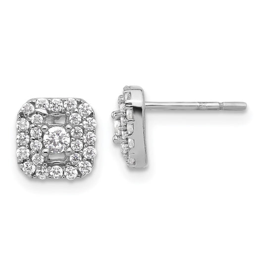 Sterling Silver Polished CZ Square Halo Post Earrings