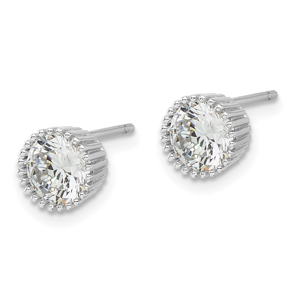 Rhodium-plated Sterling Silver 7mm CZ Beaded Bezel Post Stud Earrings