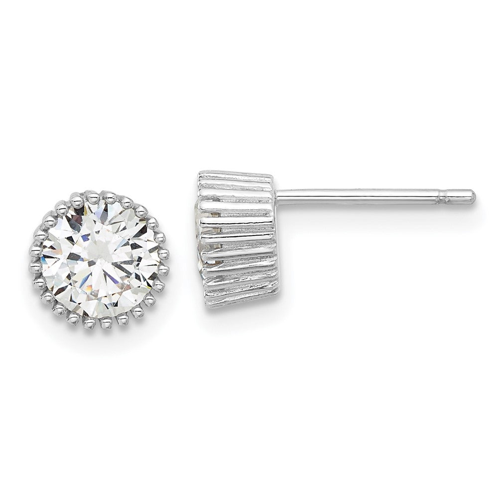 Rhodium-plated Sterling Silver 7mm CZ Beaded Bezel Post Stud Earrings