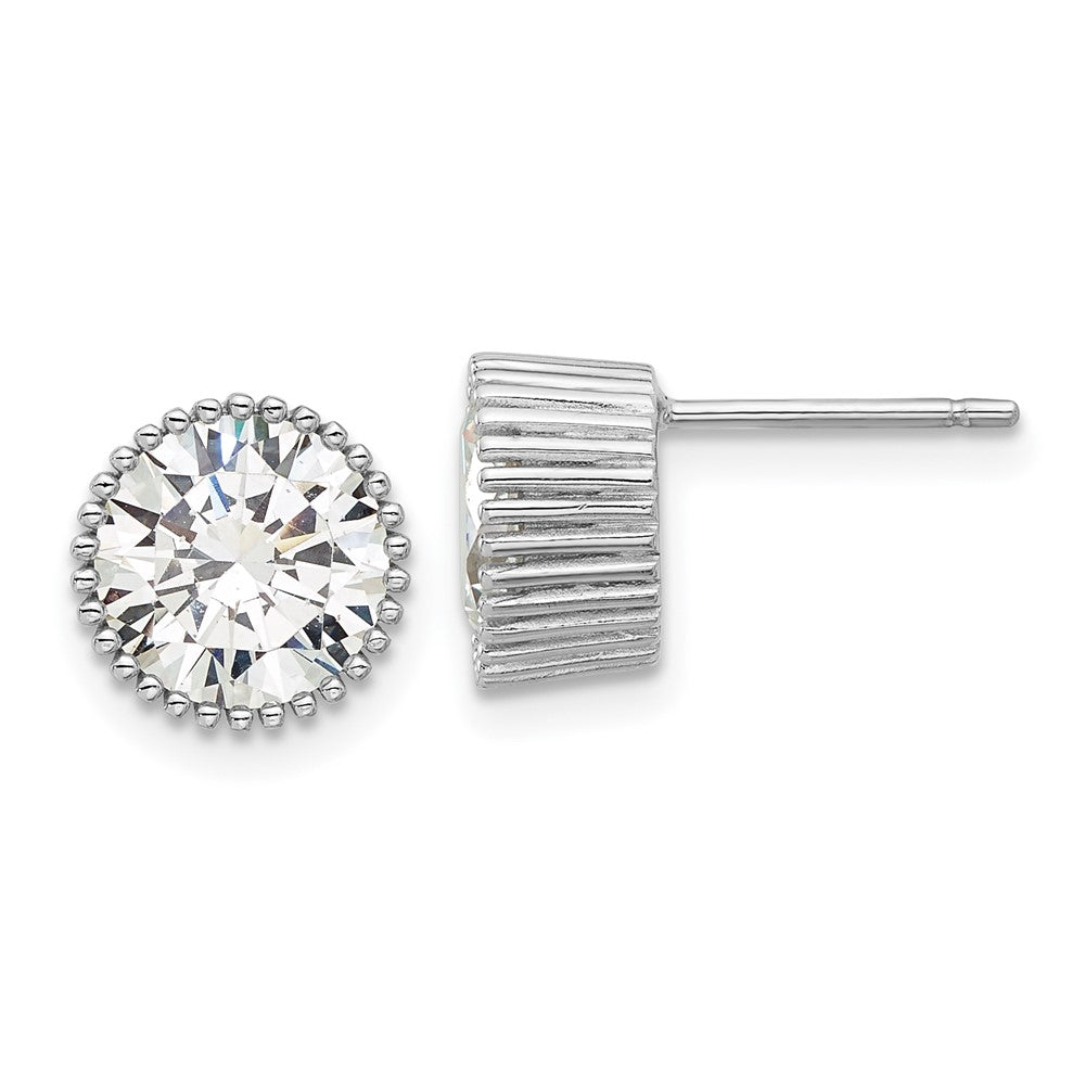 Rhodium-plated Sterling Silver 9mm CZ Beaded Bezel Post Stud Earrings