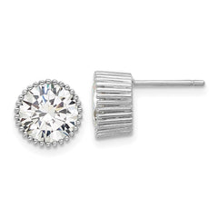 Rhodium-plated Sterling Silver 9mm CZ Beaded Bezel Post Stud Earrings