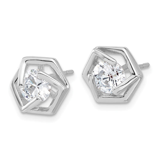 Sterling Silver Hexagon CZ Post Earrings
