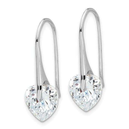 Rhodium-plated Sterling Silver Heart CZ Threader Hook Earrings