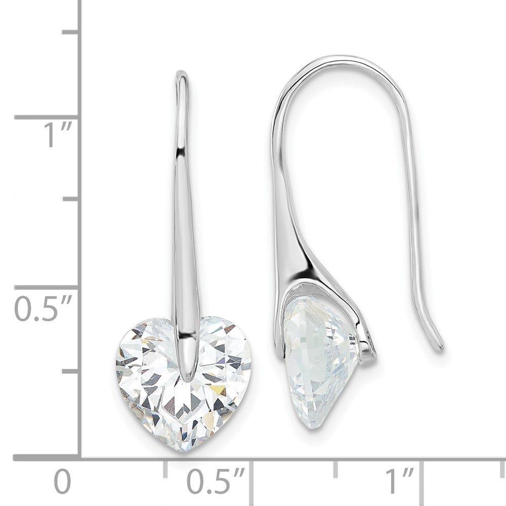 Rhodium-plated Sterling Silver Heart CZ Threader Hook Earrings