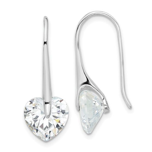 Rhodium-plated Sterling Silver Heart CZ Threader Hook Earrings