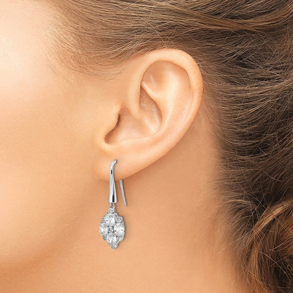 Rhodium-plated Sterling Silver Fancy CZ Dangle Shepherd Hook Earrings