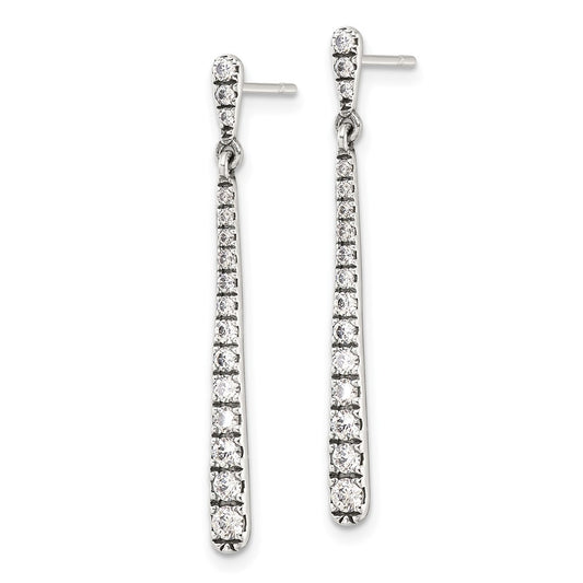 Sterling Silver Polished and Antiqued CZ Post Dangle Earrings