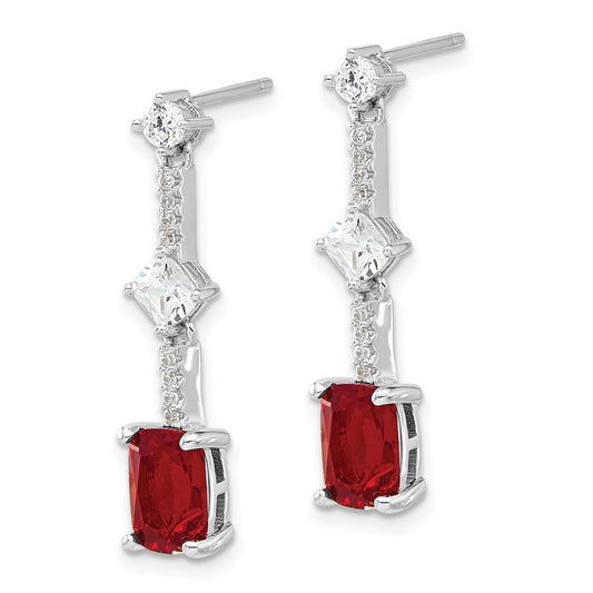 Rhodium-plated Sterling Silver Red and White CZ Post Dangle Earrings