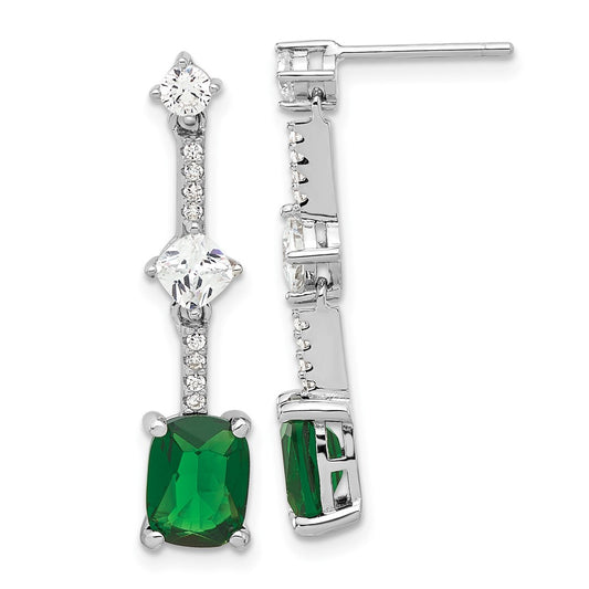 Rhodium-plated Sterling Silver Green and White CZ Post Dangle Earrings