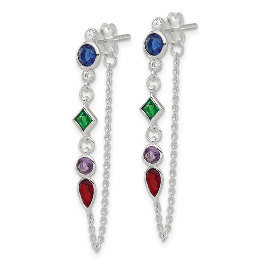 Sterling Silver E-coated Multi Color CZ Front and Back Post Dangle Earrings