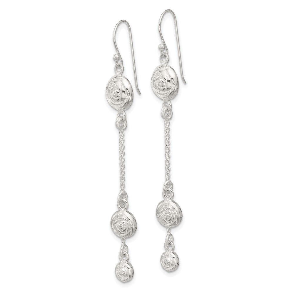Sterling Silver Polished Textured Flowers Double Strand Chain Shepherd Hook Earrings