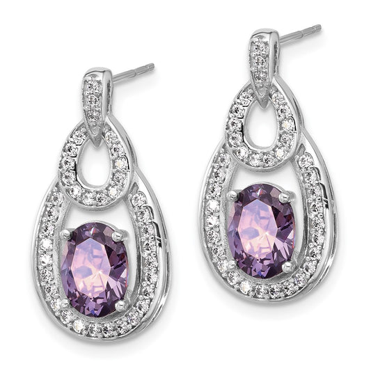 Rhodium-plated Sterling Silver CZ and Purple Zircon Post Dangle Earrings