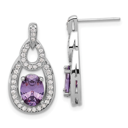 Rhodium-plated Sterling Silver CZ and Purple Zircon Post Dangle Earrings
