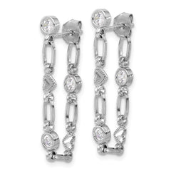 Rhodium-plated Sterling Silver Bezel CZ with Heart Post Dangle Earrings