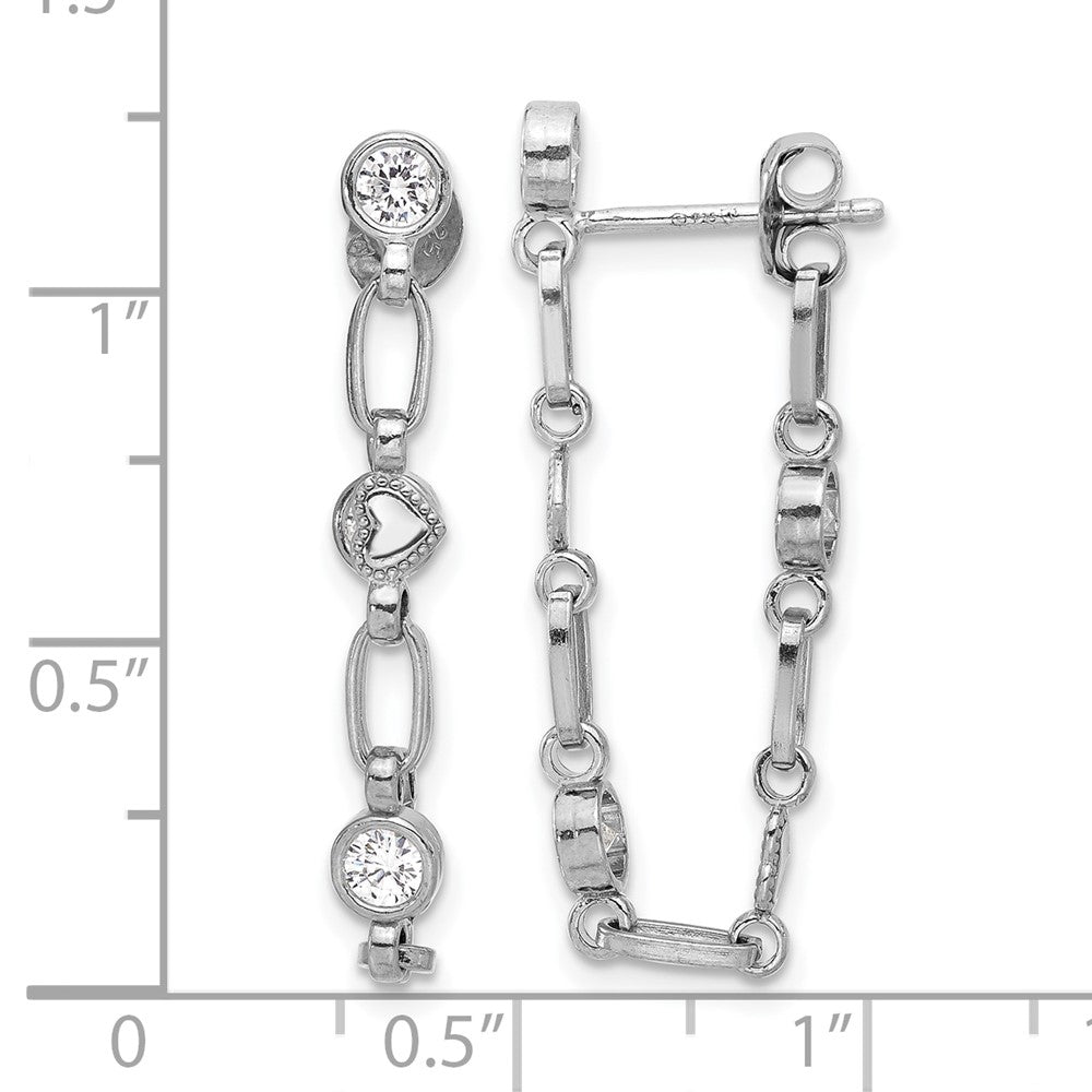 Rhodium-plated Sterling Silver Bezel CZ with Heart Post Dangle Earrings