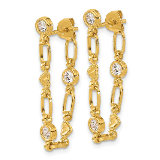 Yellow Gold-plated Sterling Silver Bezel CZ with Heart Post Dangle Earrings