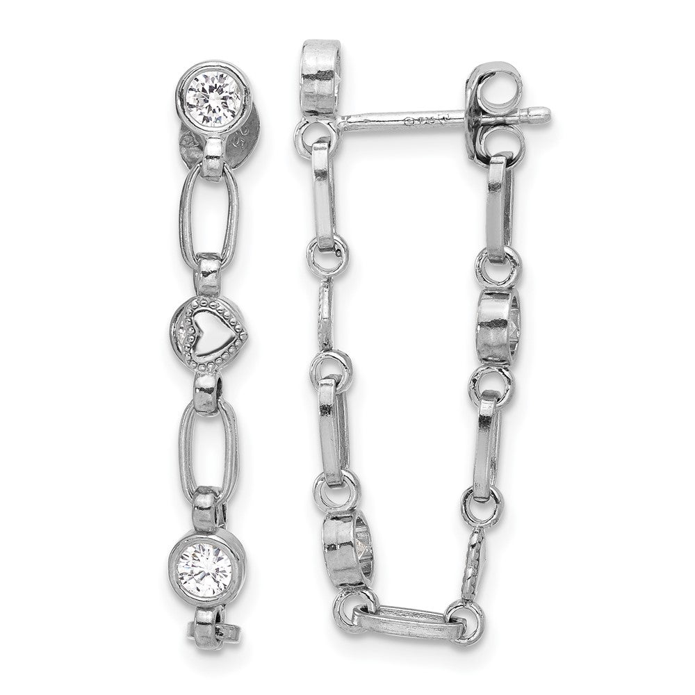 Rhodium-plated Sterling Silver Bezel CZ with Heart Post Dangle Earrings