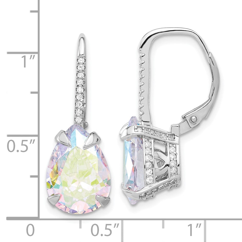 Rhodium-plated Sterling Silver Clear and Pear Iridescent CZ Leverback Earrings