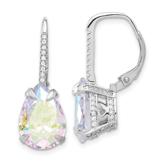 Rhodium-plated Sterling Silver Clear and Pear Iridescent CZ Leverback Earrings