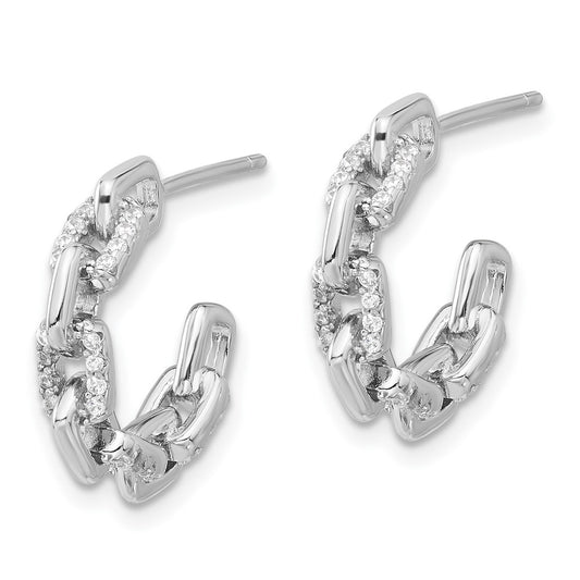 Rhodium-plated Sterling Silver CZ Link Design Post Hoop Earrings