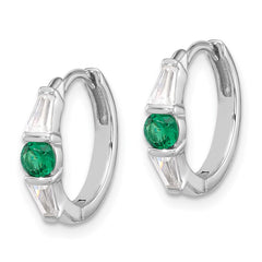 Rhodium-plated Sterling Silver Green White CZ Hinged Hoop Earrings