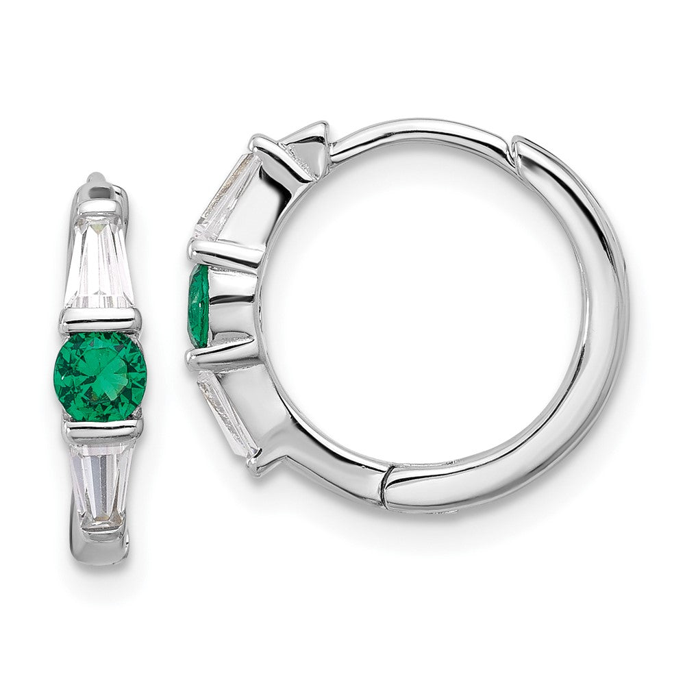 Rhodium-plated Sterling Silver Green White CZ Hinged Hoop Earrings