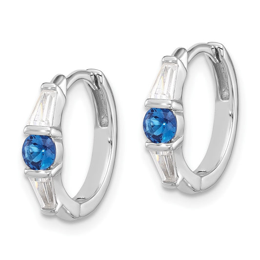 Rhodium-plated Sterling Silver Blue Spinel and CZ Hinged Hoop Earrings