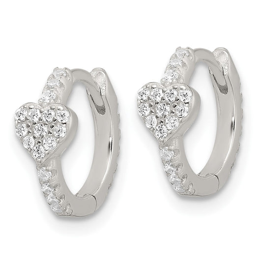 Sterling Silver E-Coating Fancy CZ Heart Hinged Hoop Earrings