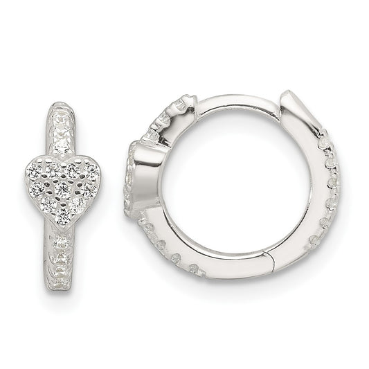 Sterling Silver E-Coating Fancy CZ Heart Hinged Hoop Earrings