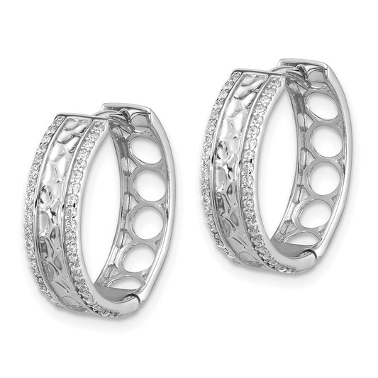 Rhodium-plated Sterling Silver Hammered Center CZ 6mm Hoop Earrings