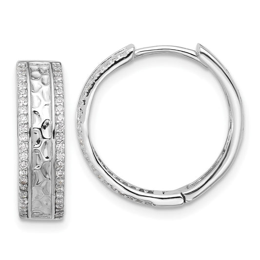 Rhodium-plated Sterling Silver Hammered Center CZ 6mm Hoop Earrings