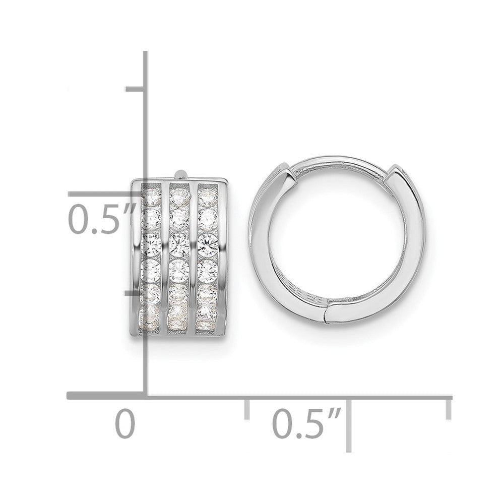 Rhodium-plated Sterling Silver 3 Row CZ Hinged Hoop Earrings