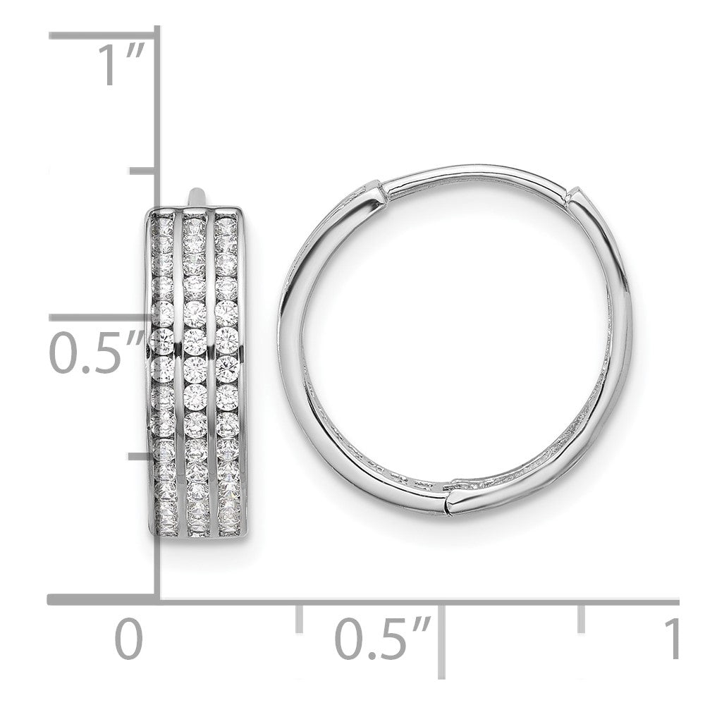 Rhodium-plated Sterling Silver 3 Row CZ Hinged Hoop Earrings