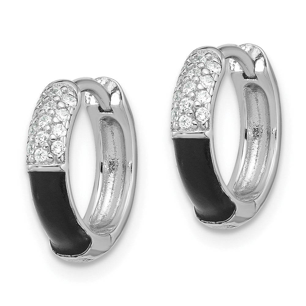 Sterling Silver Flash Platinum-plated CZ with Black Enamel In Out Hoop Earrings